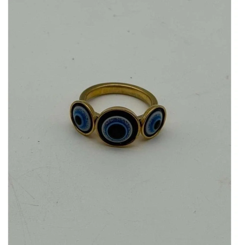 Gold Evil Eye Ring Stainless Steel Blue Nazar Protection‎ Statement Ring Size 8